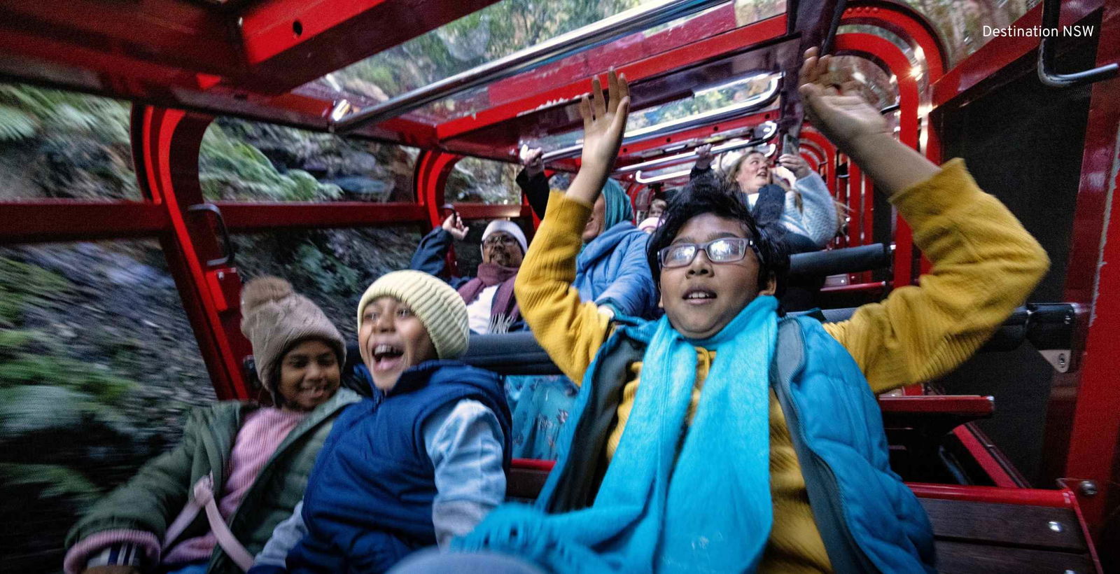 Young boys with arms raised high excited going down the Scenic Railway quickly