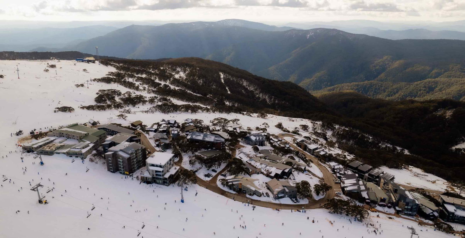 Aerial view of the busy Mt. Buller Ski Resort below.